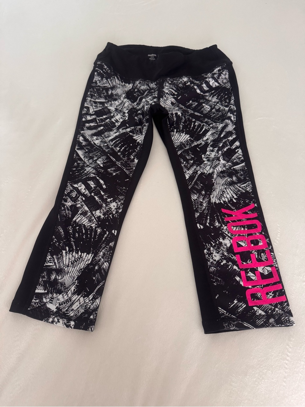 Reebok Black & White Printed Capri Leggings with Hot Pink Logo